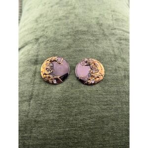 Vintage 80s La Rage Earrings Gold Iridescent Brown Brutalist Round Disc Posts